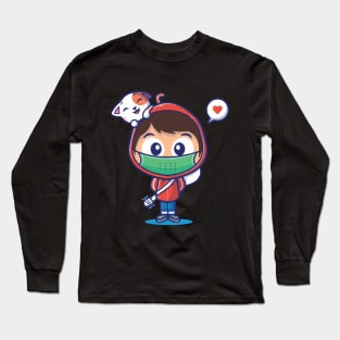 Cat Cute Happy Face Mask Long Sleeve T-Shirt